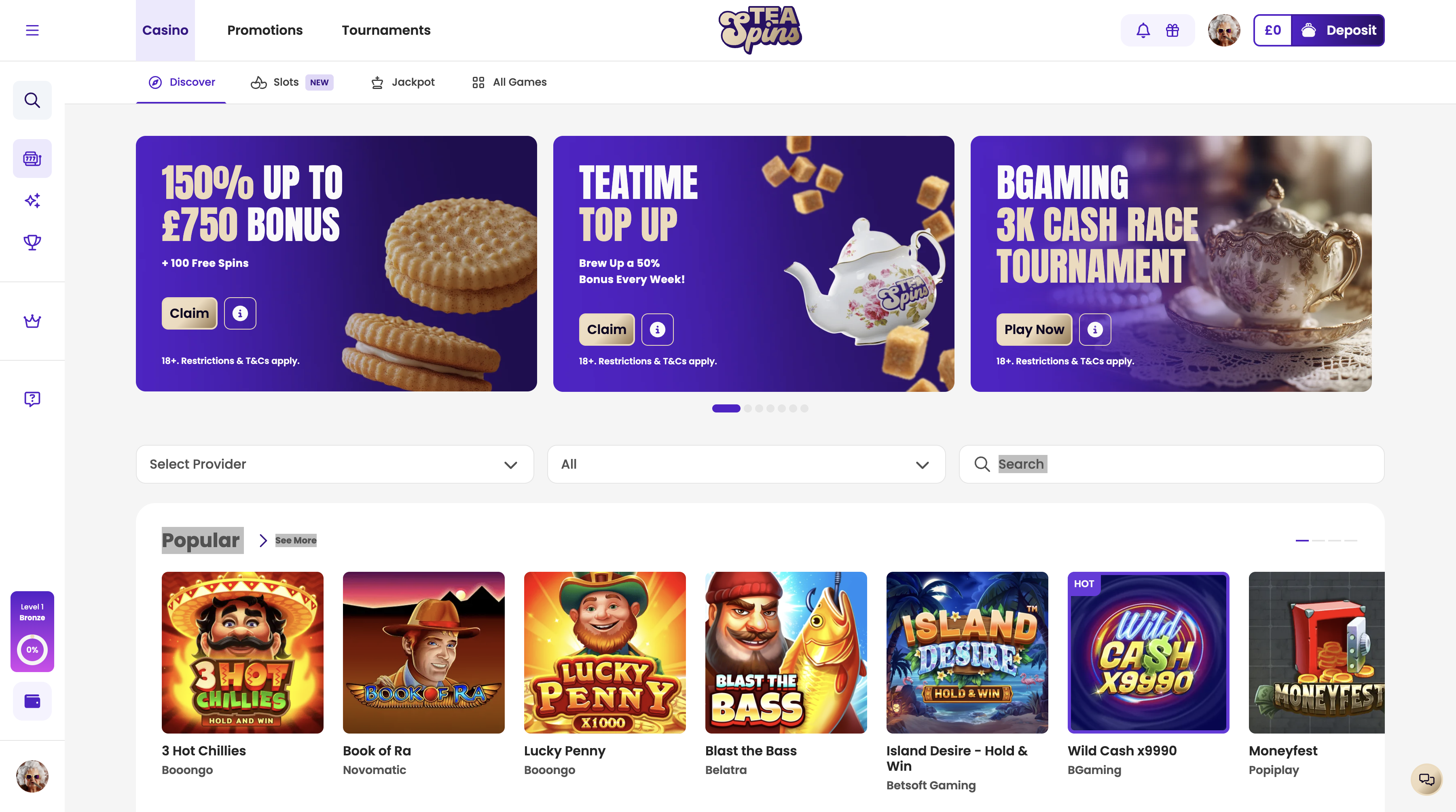 Tea Spins Casino Interface Screenshot